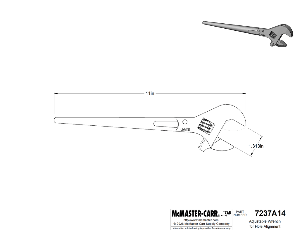 Technical Drawing of Adjustable Wrench for Hole Alignment, 11" Overall Length, 1-5/16" Maximum Jaw Capacity.